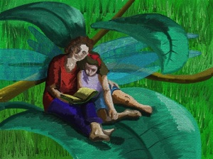 Queste sono Sara e Sofia , nella realta ripresi a leggere un libro vicino a Virginia, poi da me trasportate sulle floglie di un albero e rese leggere con elibellule.
